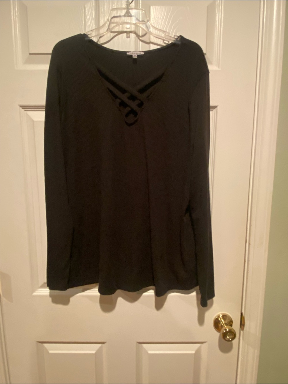 white birch Black Long Sleeve Top with Crisscross V-Neck